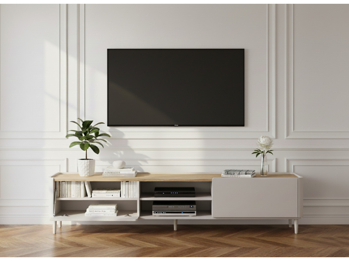 Meuble TV 1 porte 2 tiroirs 200 cm ANYRA pieds en bois massif