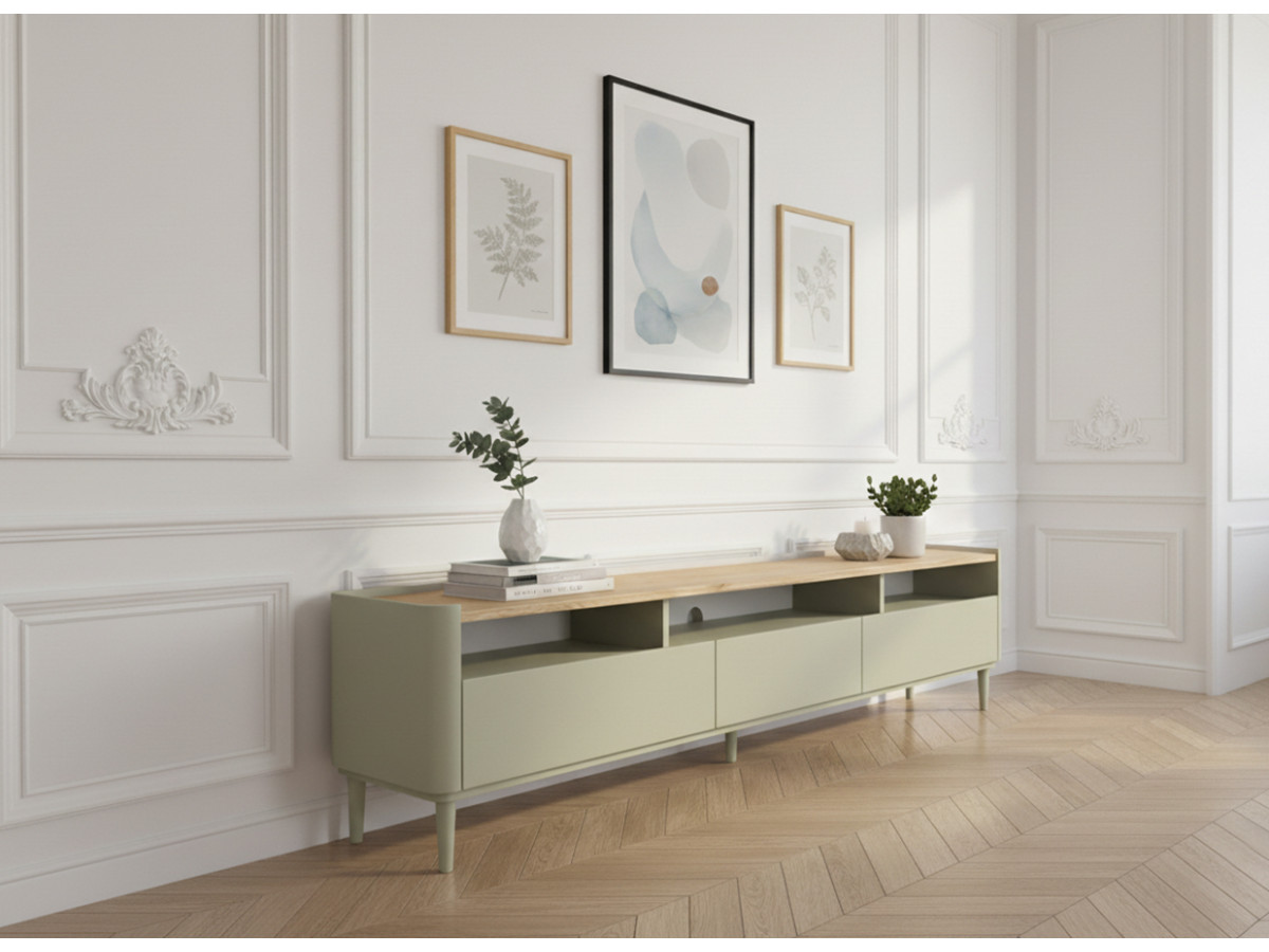 Meuble TV 1 porte 2 tiroirs 200 cm ANYRA pieds en bois massif