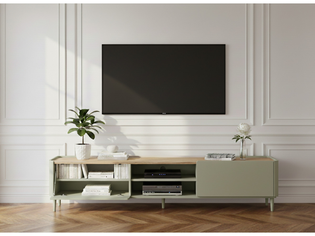 Meuble TV 1 porte 2 tiroirs 200 cm ANYRA pieds en bois massif vert — vue 6