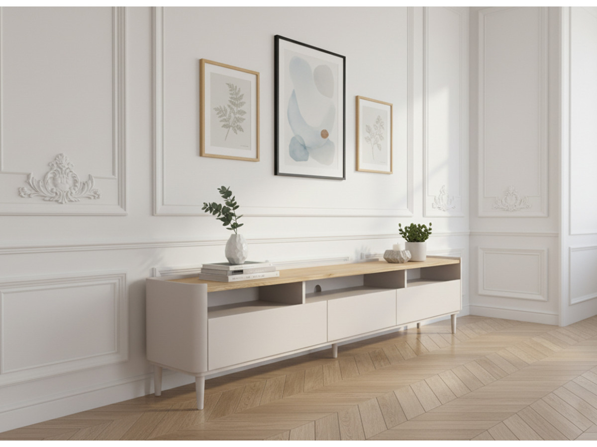 Meuble TV 1 porte 2 tiroirs 200 cm ANYRA pieds en bois massif beige — vue 4