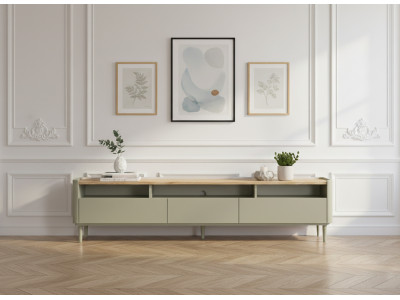 Meuble TV 1 porte 2 tiroirs 200 cm ANYRA pieds en bois massif