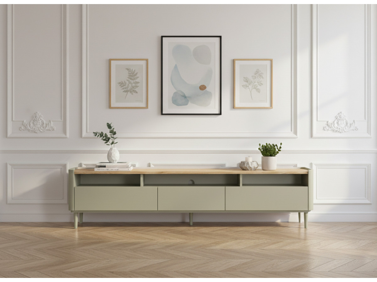 Meuble TV 1 porte 2 tiroirs 200 cm ANYRA pieds en bois massif vert