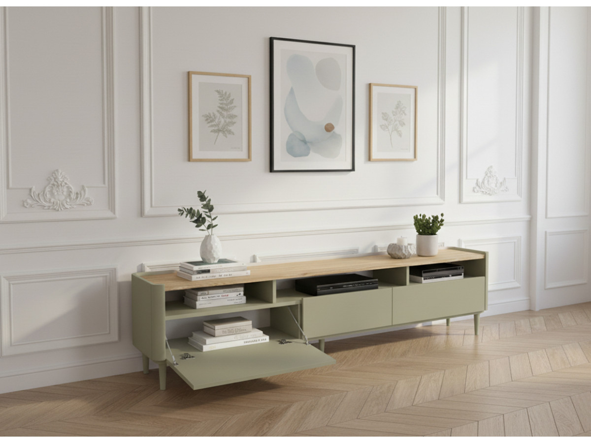 Meuble TV 1 porte 2 tiroirs 200 cm ANYRA pieds en bois massif vert — vue 5