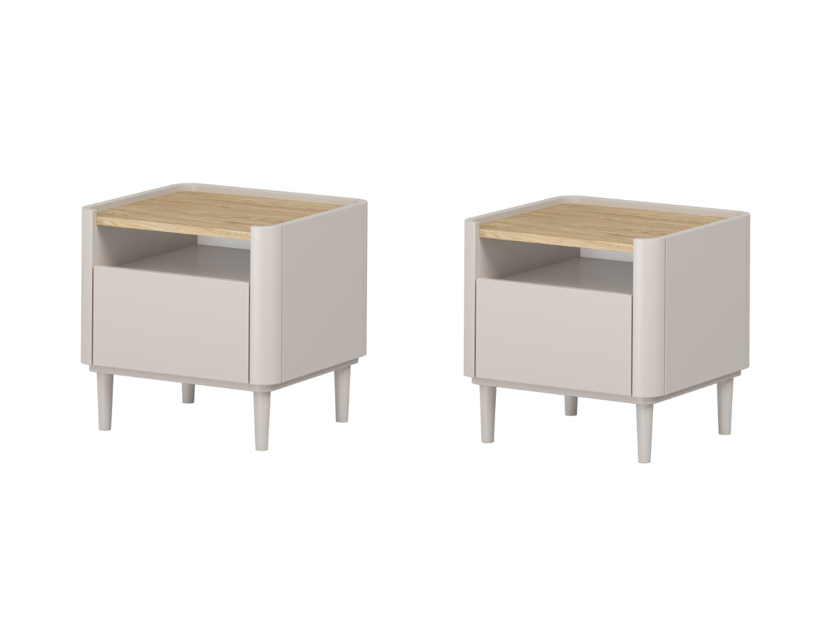 set van 2 anyra nachtkastjes met elk 1 lade, poten van massief hout gekleurd beige
