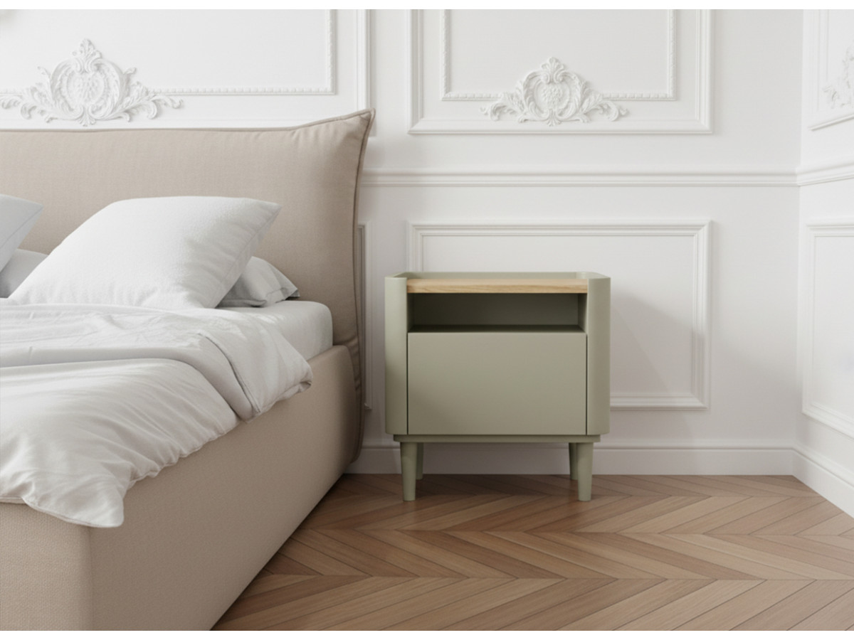 Table de chevet 1 tiroir ANYRA pieds en bois massif vert — vue 4