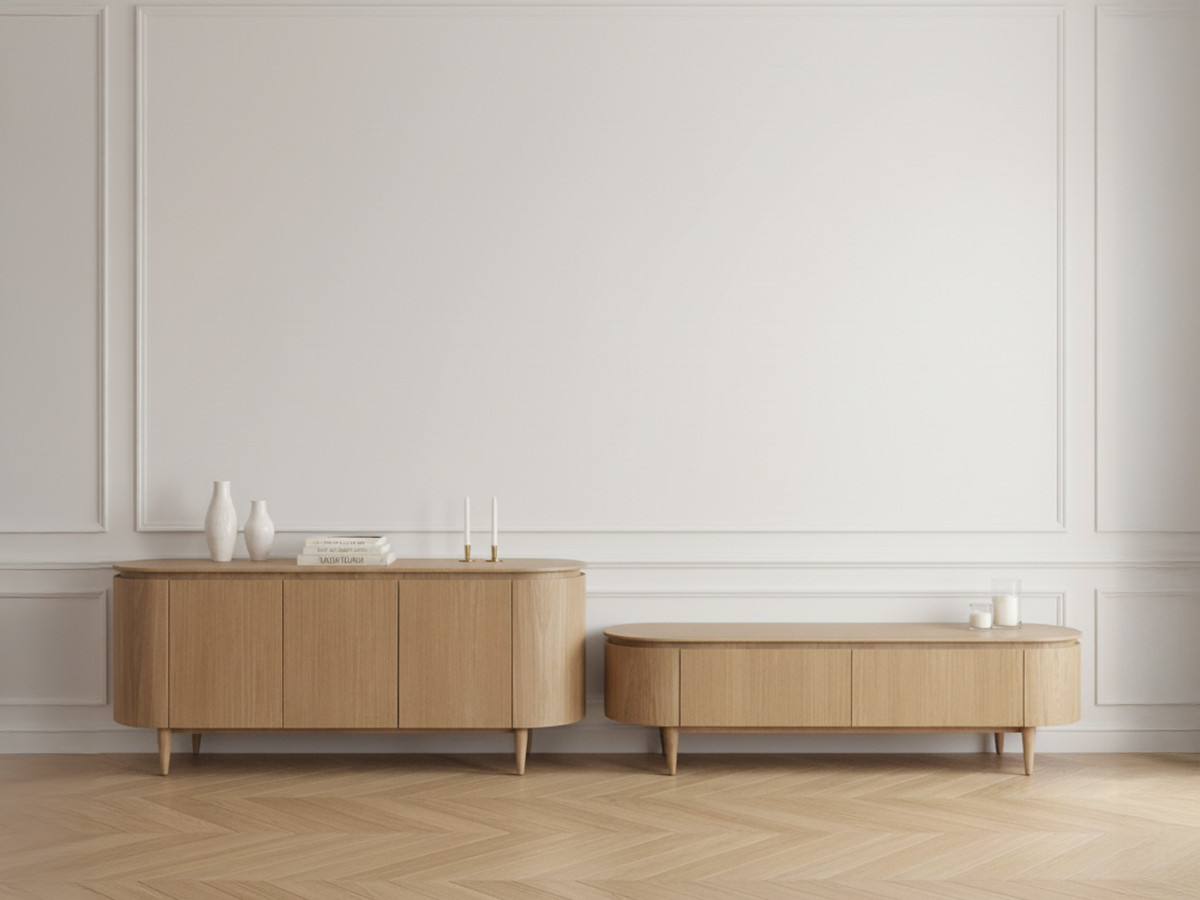 SORMIOU set met 180 cm dressoir + 180 cm tv-meubel in massief eiken fineer