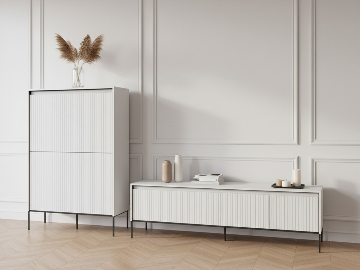 Ensemble LENARA avec buffet haut 100 cm + meuble TV 193 cm avec tasseaux et LED blanc — vue 6