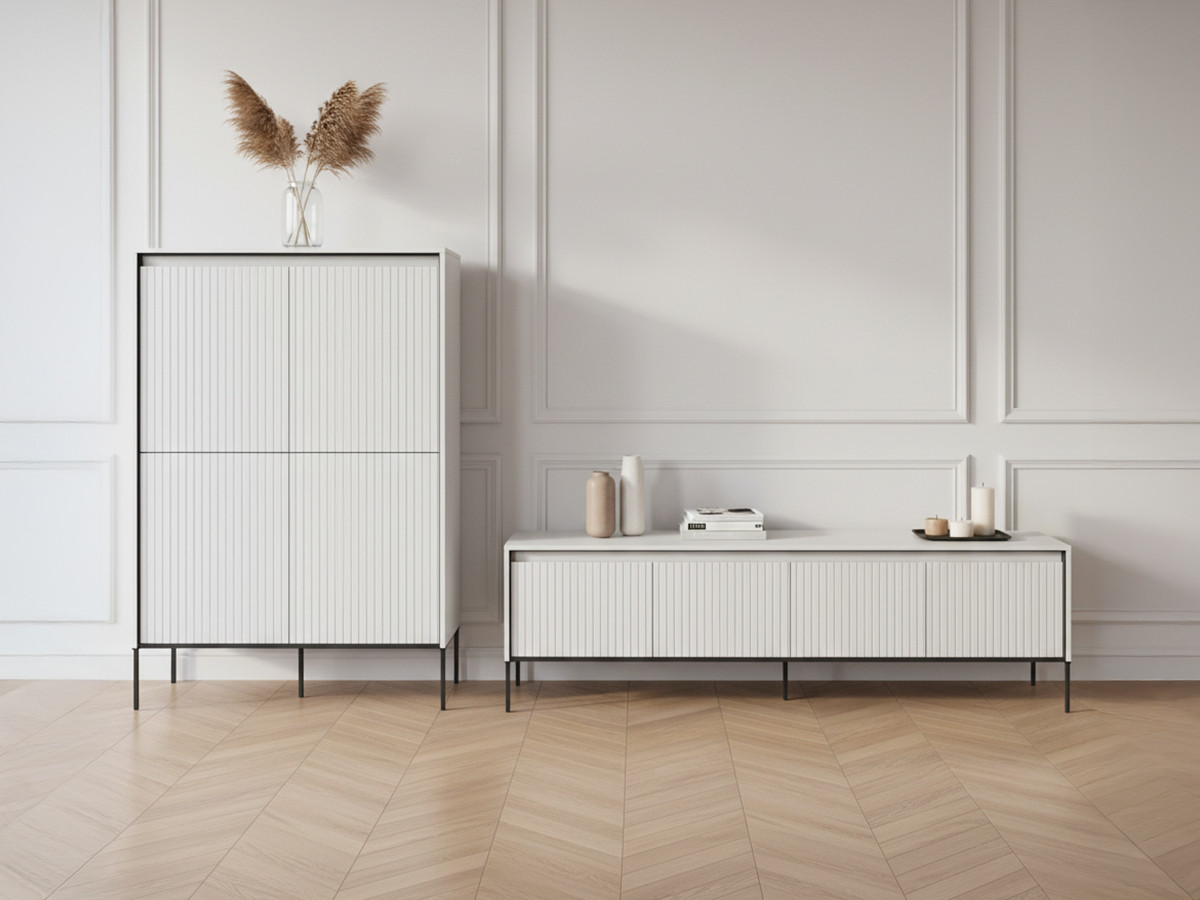 Ensemble LENARA avec buffet haut 100 cm + meuble TV 193 cm avec tasseaux et LED blanc — vue 4