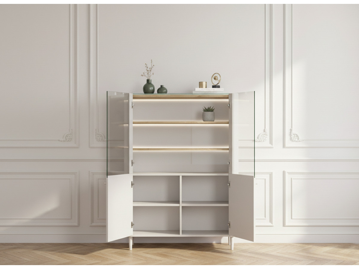 Meuble vitrine 2 portes H. 150 cm ANYRA pieds en bois massif beige — vue 5