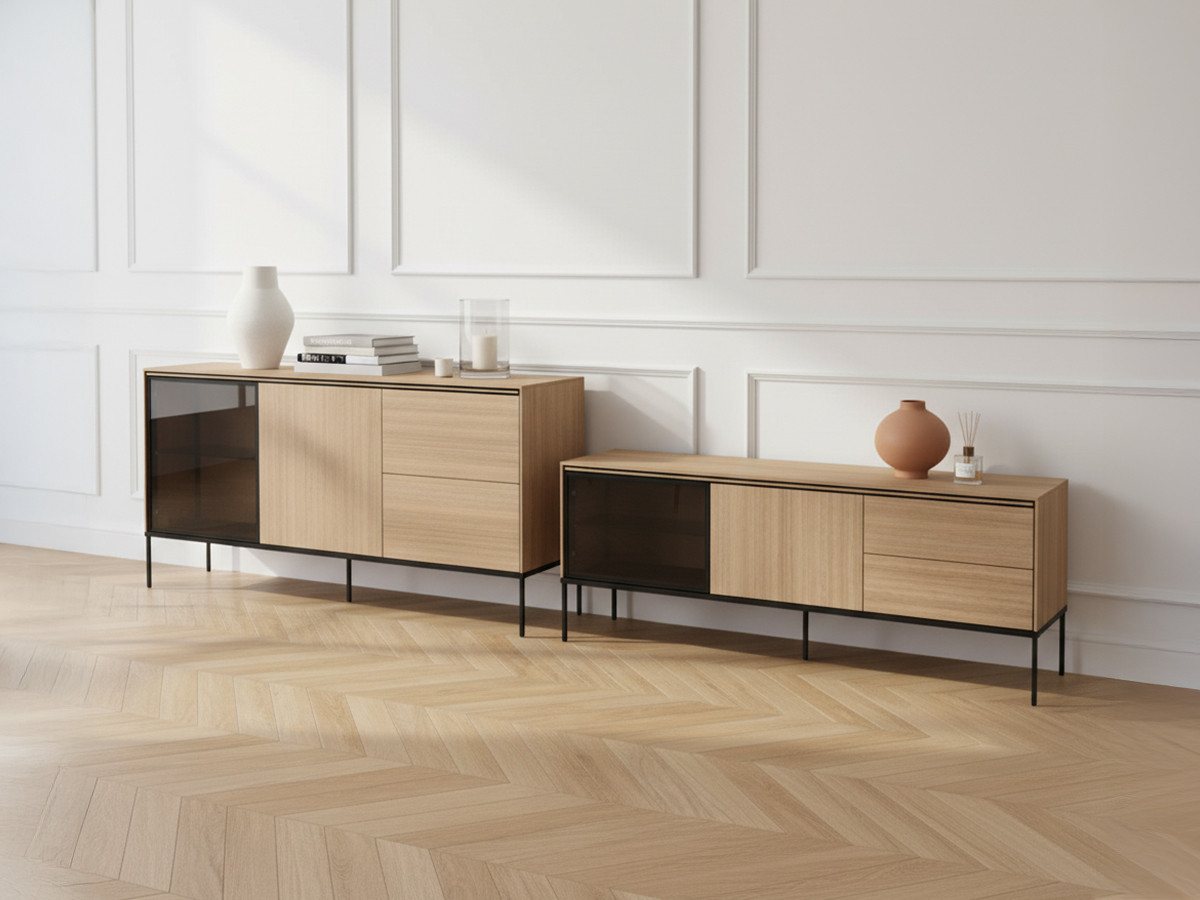 Ensemble VERONA avec buffet 167 cm + meuble TV 167 cm effet chêne et verre fumé avec LEDS