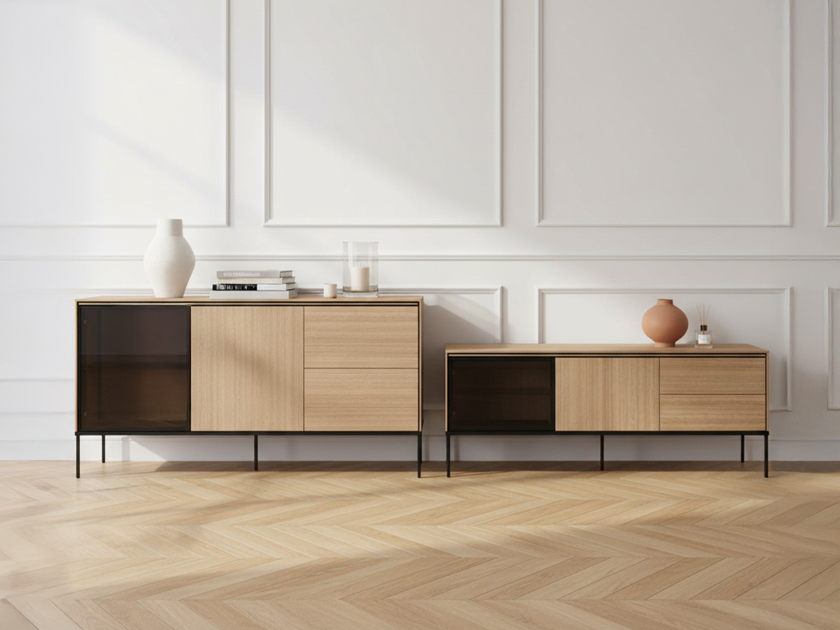 Ensemble VERONA avec buffet 167 cm + meuble TV 167 cm effet chêne et verre fumé avec LEDS