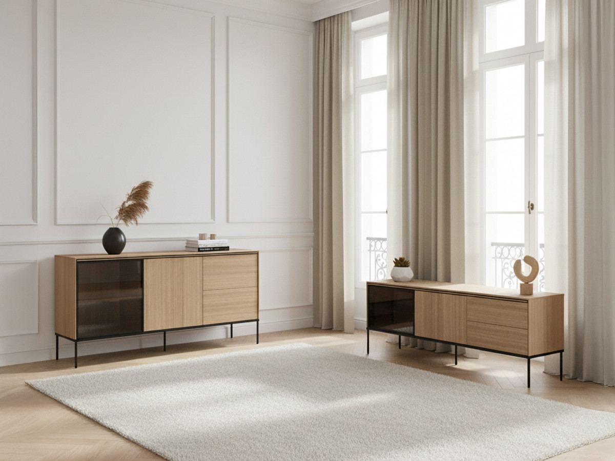 Ensemble VERONA avec buffet 167 cm + meuble TV 167 cm effet chêne et verre fumé avec LEDS