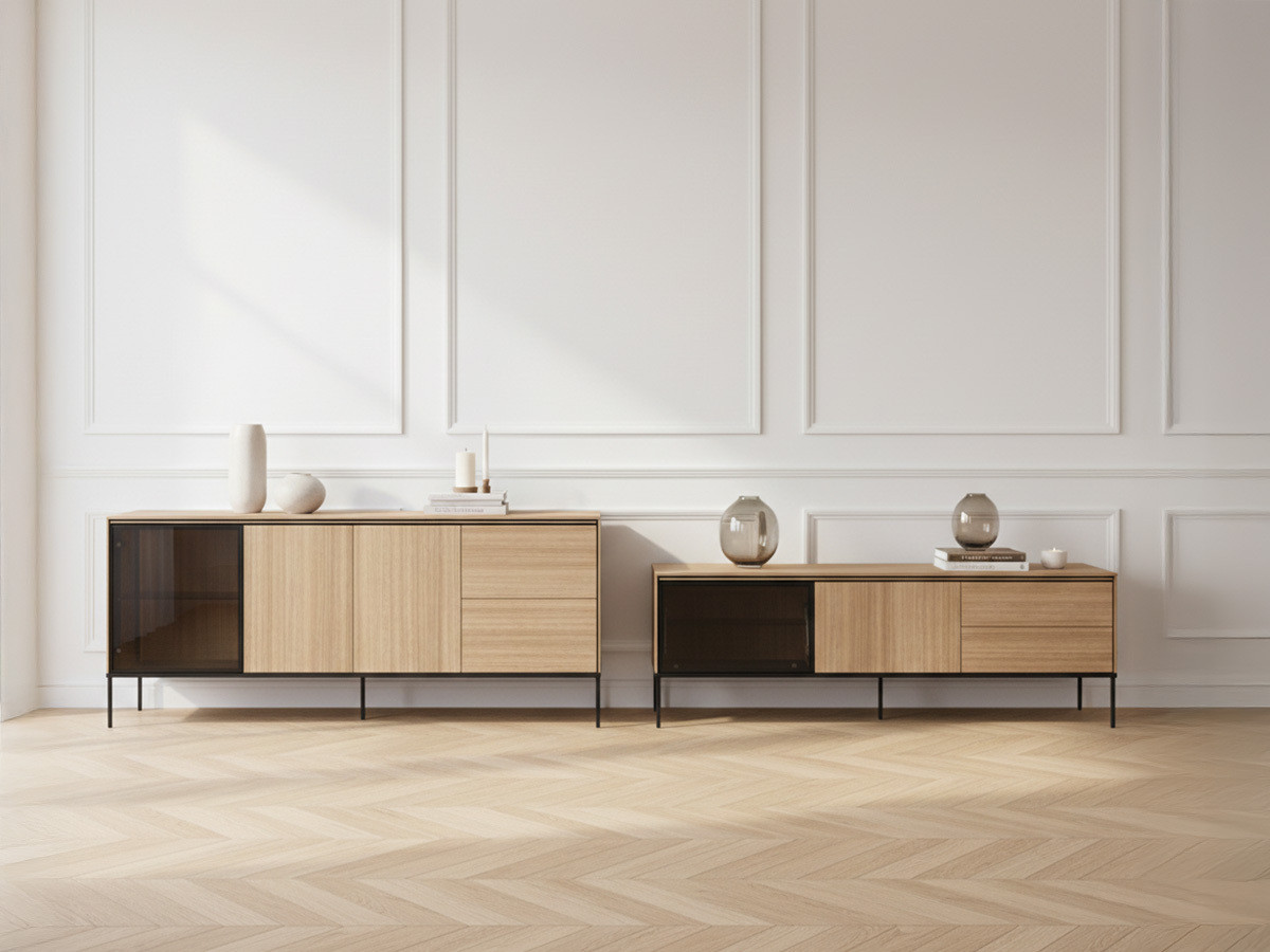 Ensemble VERONA avec buffet 200 cm + meuble TV 197 cm + table basse effet chêne et verre fumé avec LEDS