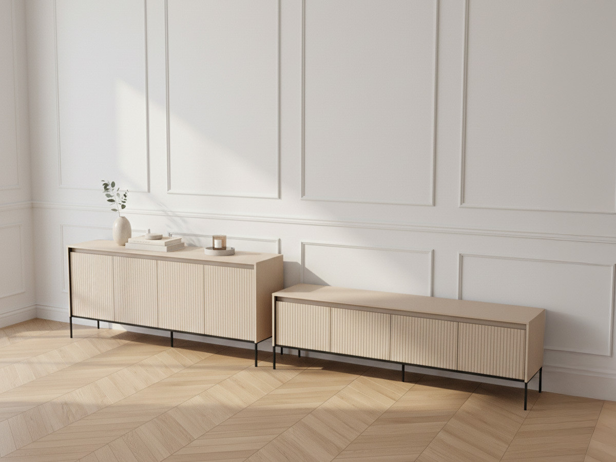 LENARA set met 193 cm dressoir + 193 cm tv-meubel met noppen en led-verlichting