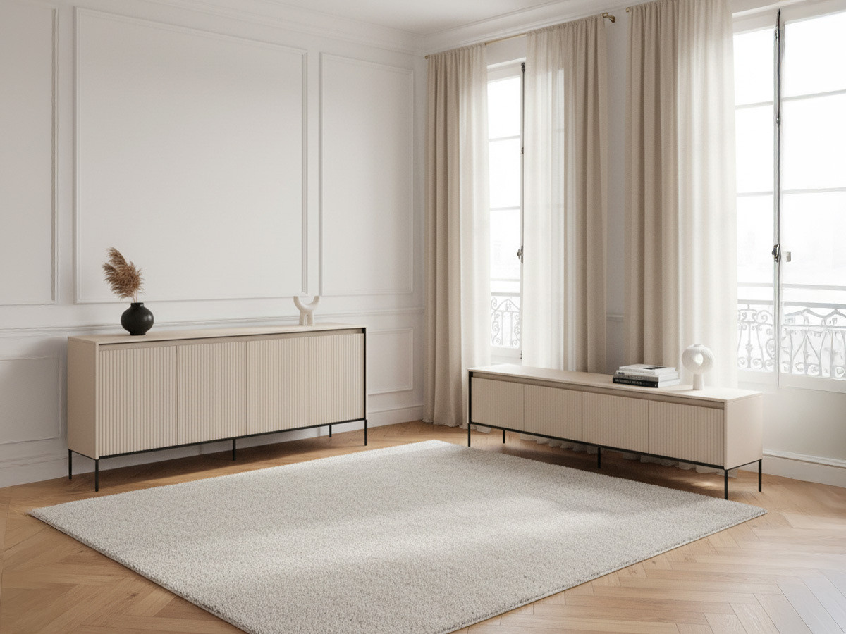 Ensemble LENARA avec buffet 193 cm + meuble TV 193 cm avec tasseaux et LED beige