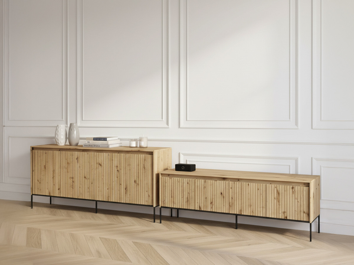 LENARA set met 193 cm dressoir + 193 cm tv-meubel met noppen en led-verlichting