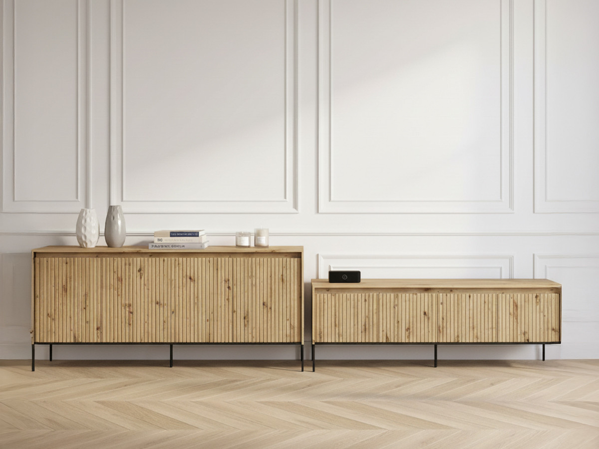 LENARA set met 193 cm dressoir + 193 cm tv-meubel met noppen en led-verlichting