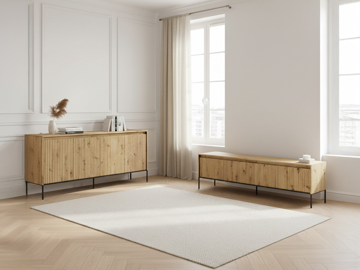 LENARA set met 193 cm dressoir + 193 cm tv-meubel met noppen en led-verlichting