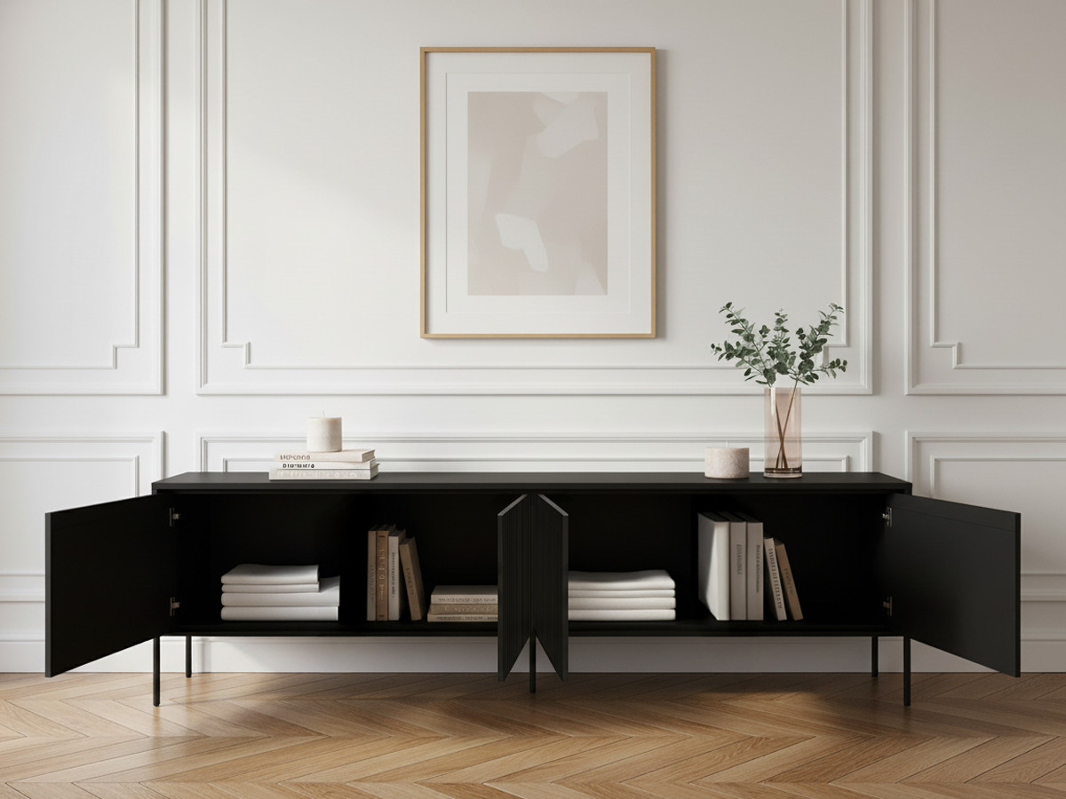 Meuble TV 4 portes 193 cm LENARA avec tasseaux et LED