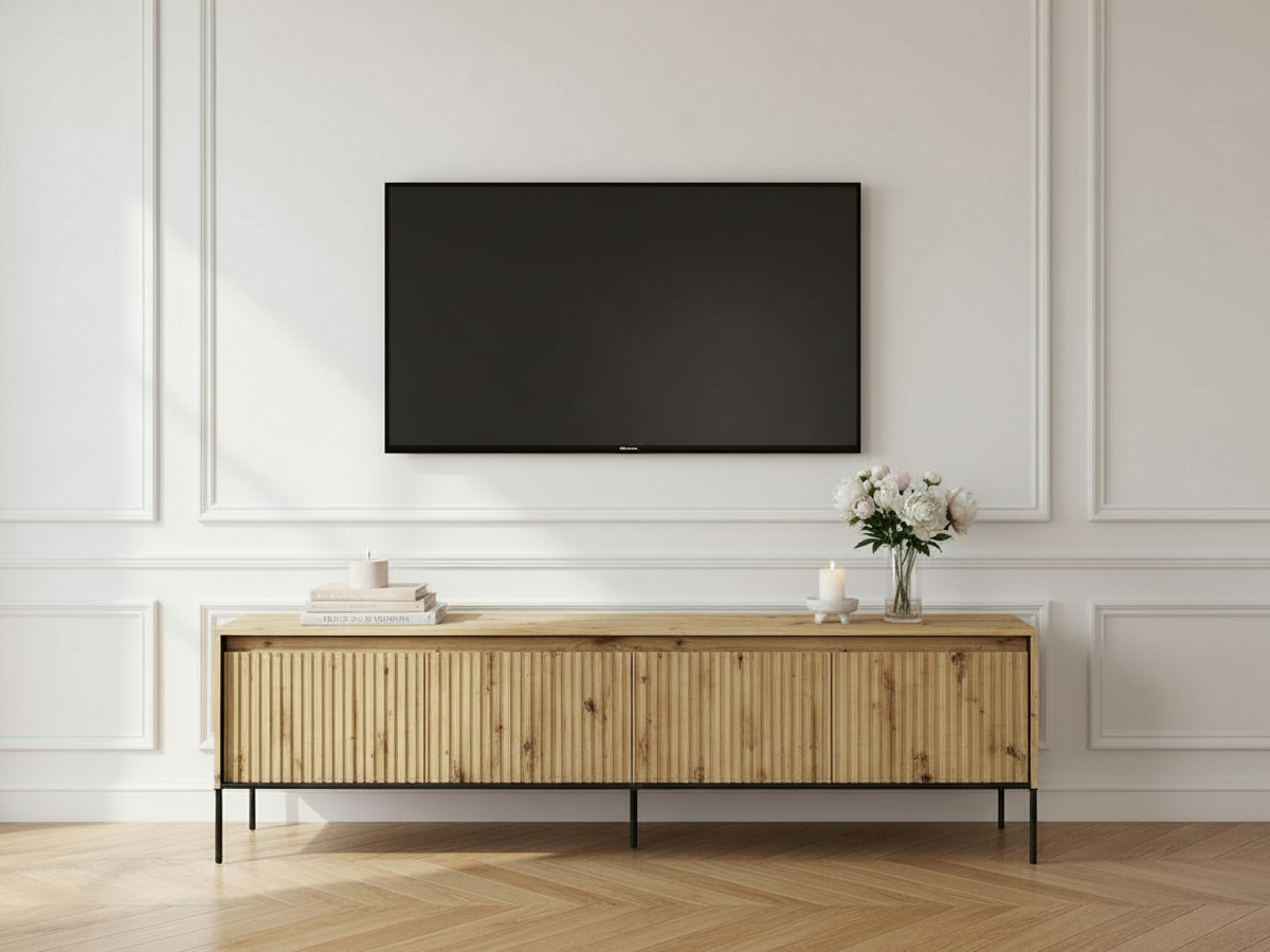 Meuble TV 4 portes 193 cm LENARA avec tasseaux et LED marron clair — vue 4