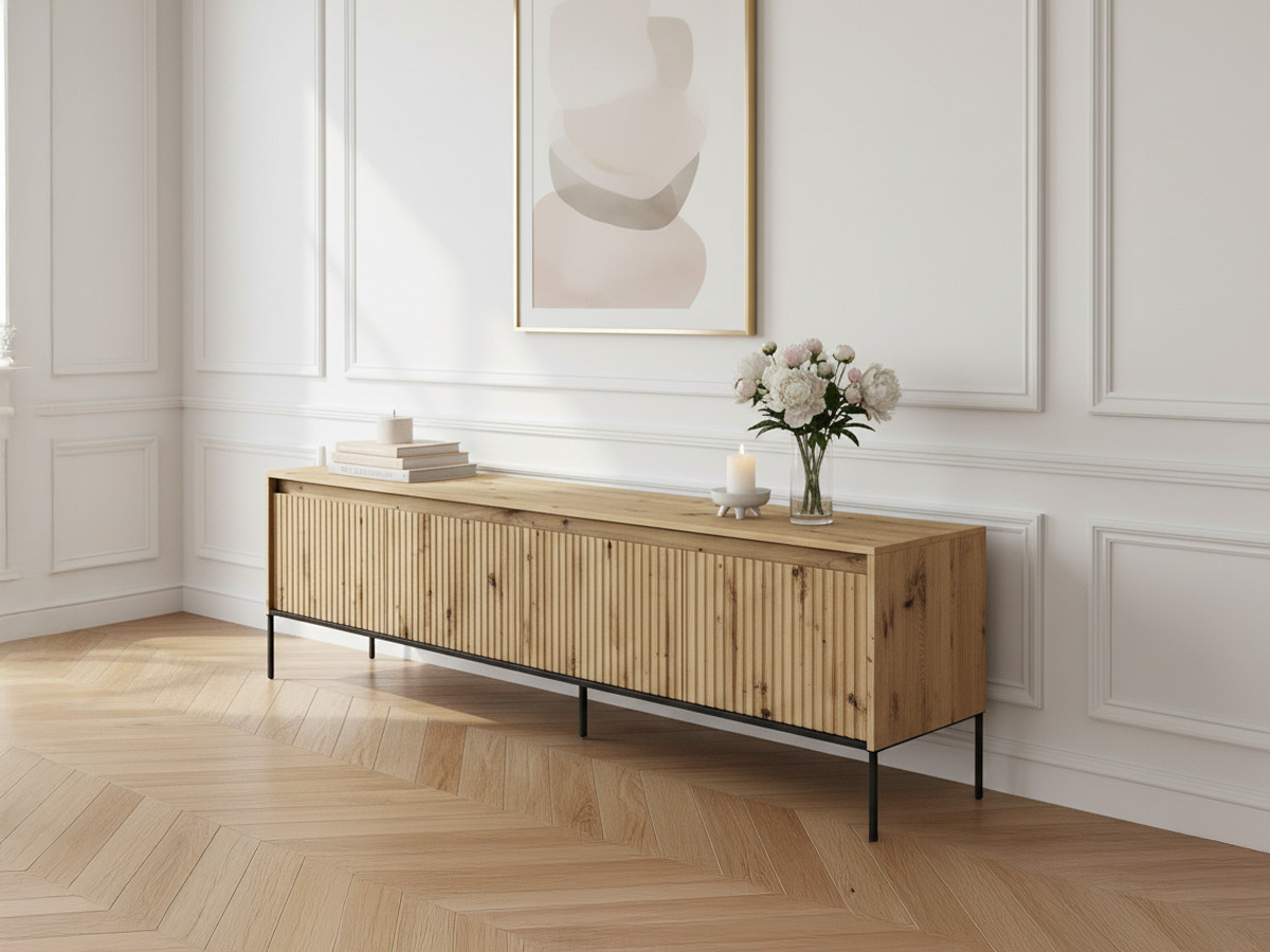 Meuble TV 4 portes 193 cm LENARA avec tasseaux et LED marron clair — vue 6