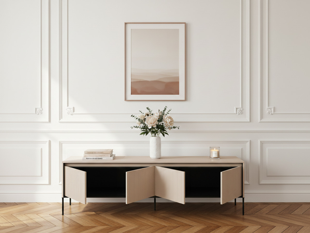 Meuble TV 4 portes 193 cm LENARA avec tasseaux et LED beige — vue 5