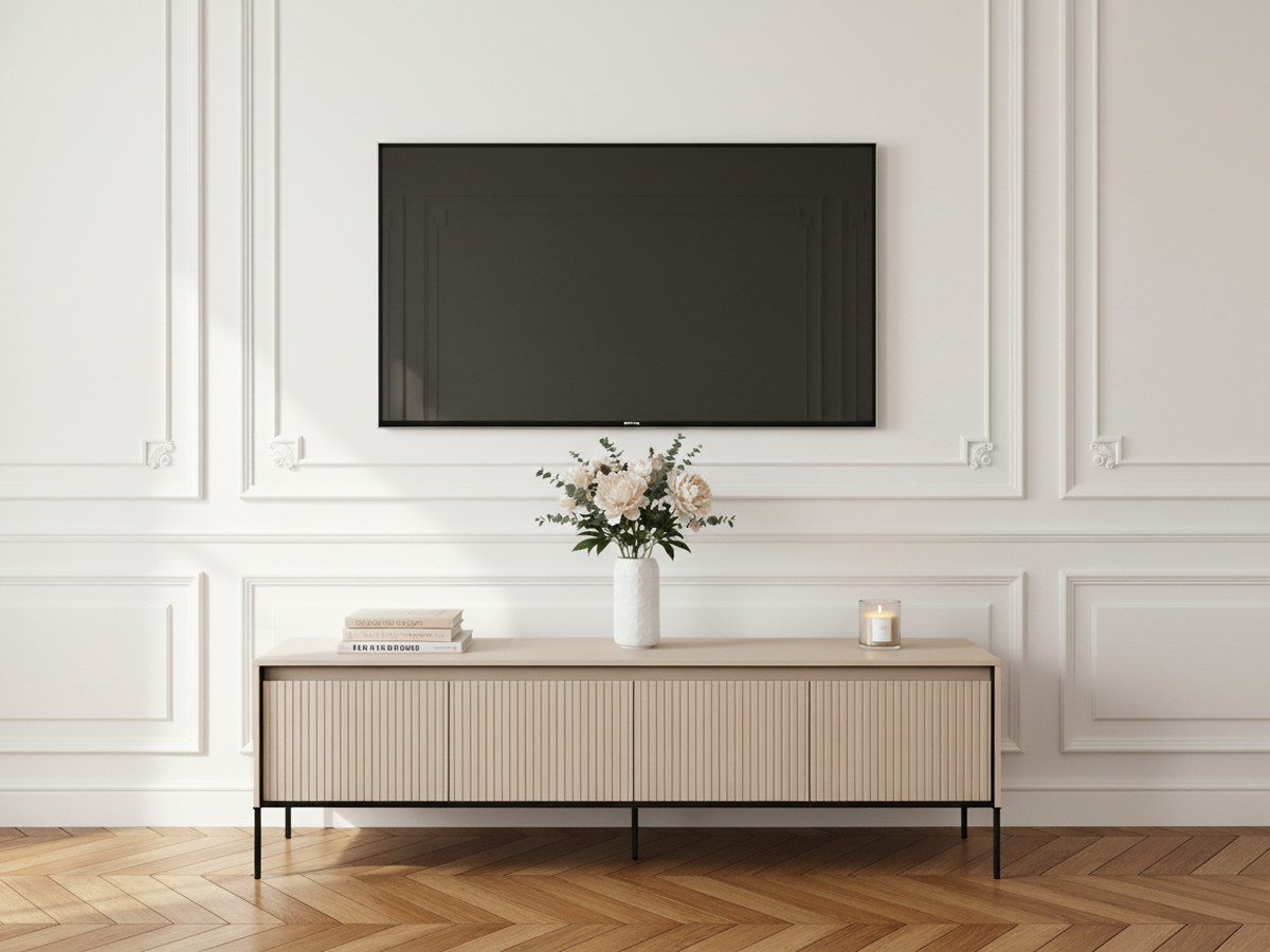 Meuble TV 4 portes 193 cm LENARA avec tasseaux et LED beige — vue 4