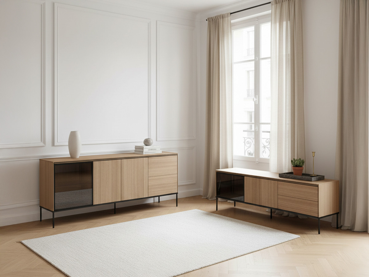 Ensemble VERONA avec buffet 200 cm + meuble TV 197 cm effet chêne et verre fumé avec LEDS