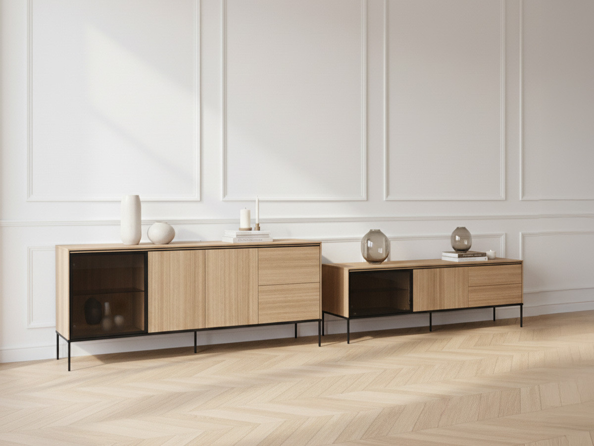 Ensemble VERONA avec buffet 200 cm + meuble TV 197 cm effet chêne et verre fumé avec LEDS