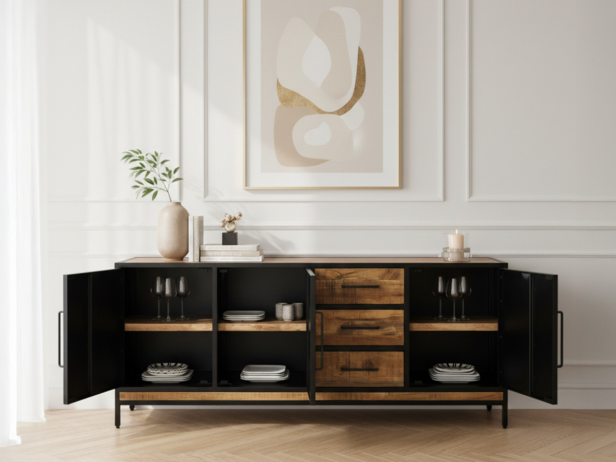 Buffet 3 portes 200 cm BEAUBOURG bois massif de manguier — vue 5