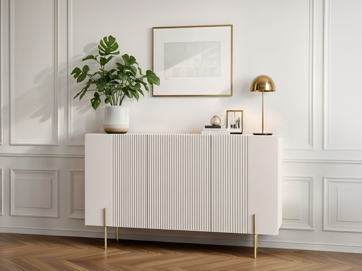 Buffet 3 portes 150 cm MATHILDE plateau effet marbre et pieds or beige — vue 4