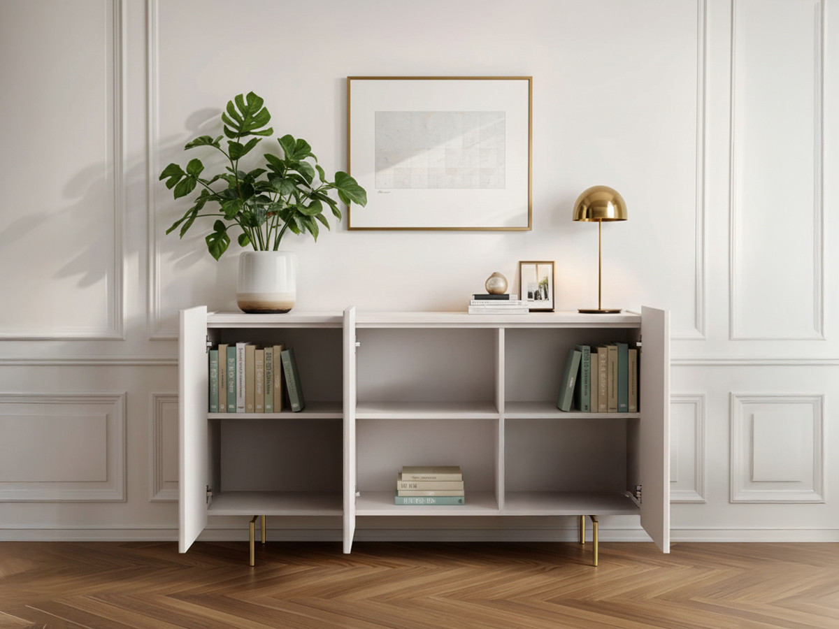 Buffet 3 portes 150 cm MATHILDE plateau effet marbre et pieds or beige — vue 5