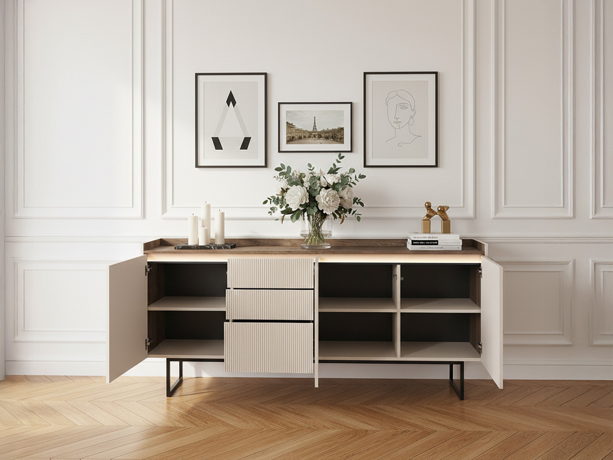 Buffet 3 portes 192 cm LOUNA beige et effet bois avec tasseaux et LED