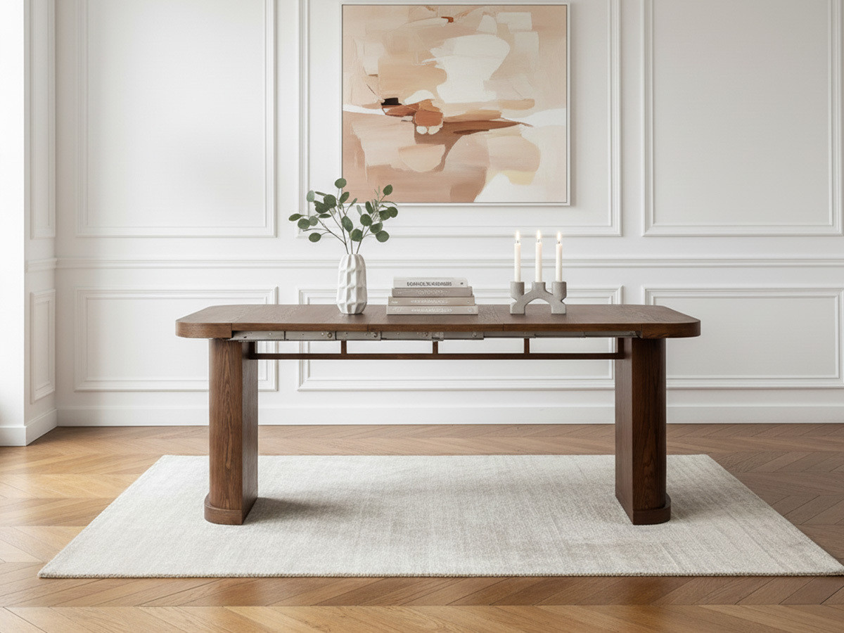 cassis uitschuifbare consoletafel (43-187 cm) + 4 borely stoelen van massief eikenfineer en boucléstof gekleurd marron foncé