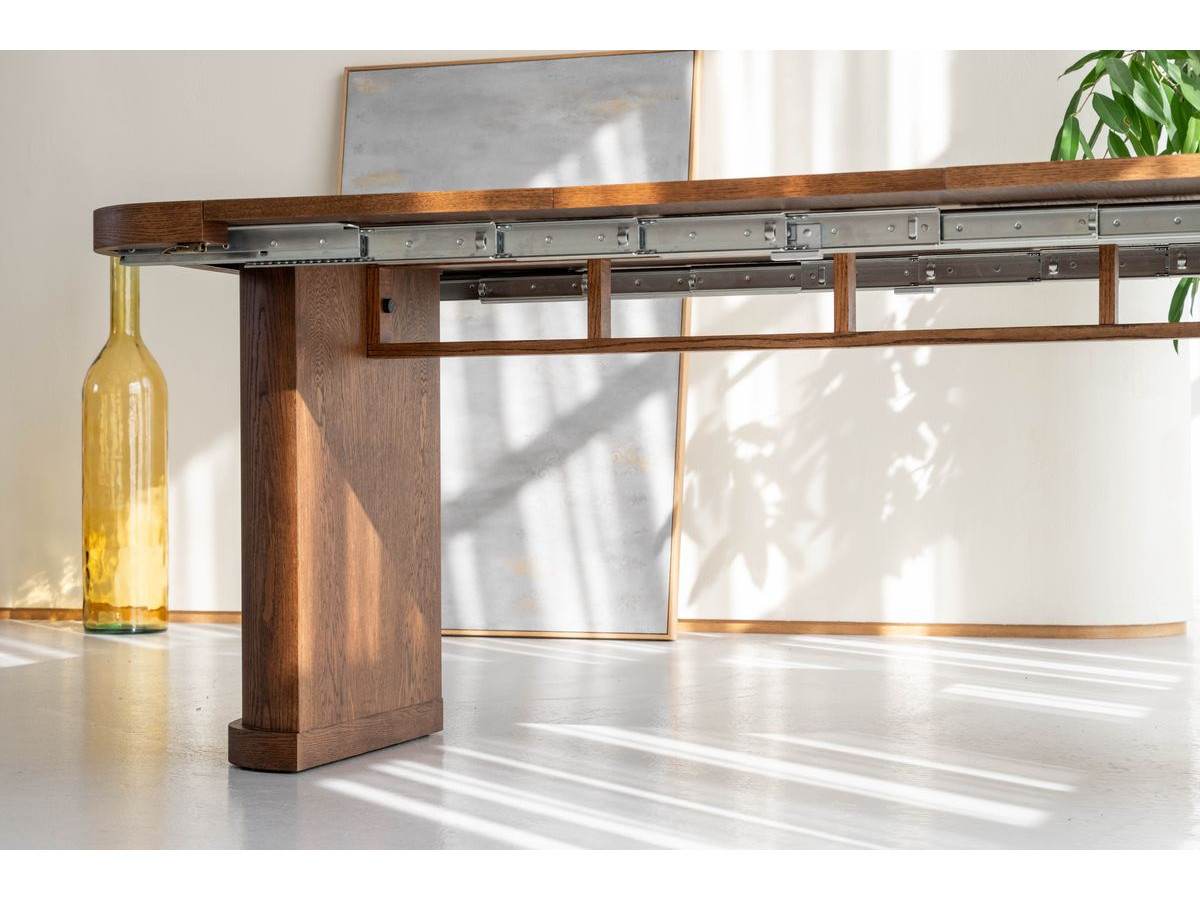 Ensemble avec console extensible 43 à 187 cm CASSIS + 4 chaises BORELY placage chêne massif et tissu bouclette