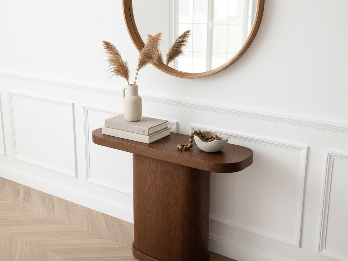 Ensemble avec console extensible 43 à 187 cm CASSIS + 4 chaises BORELY placage chêne massif et tissu bouclette