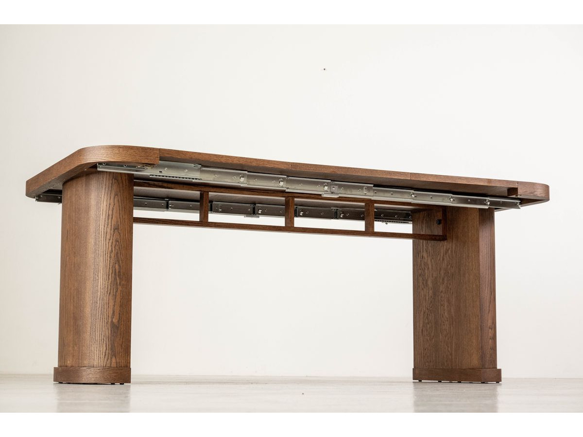 Ensemble avec console extensible 43 à 187 cm CASSIS + 4 chaises BORELY placage chêne massif et tissu bouclette