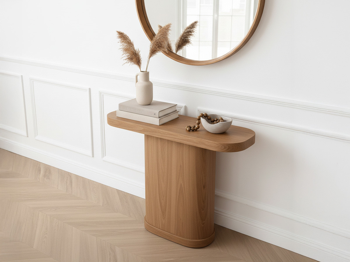 CASSIS uitschuifbare consoletafel (43-187 cm) + 4 BORELY stoelen van massief eikenfineer en boucléstof