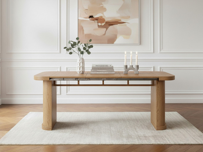 Ensemble avec console extensible 43 à 187 cm CASSIS + 2 chaises BORELY placage chêne massif et tissu bouclette