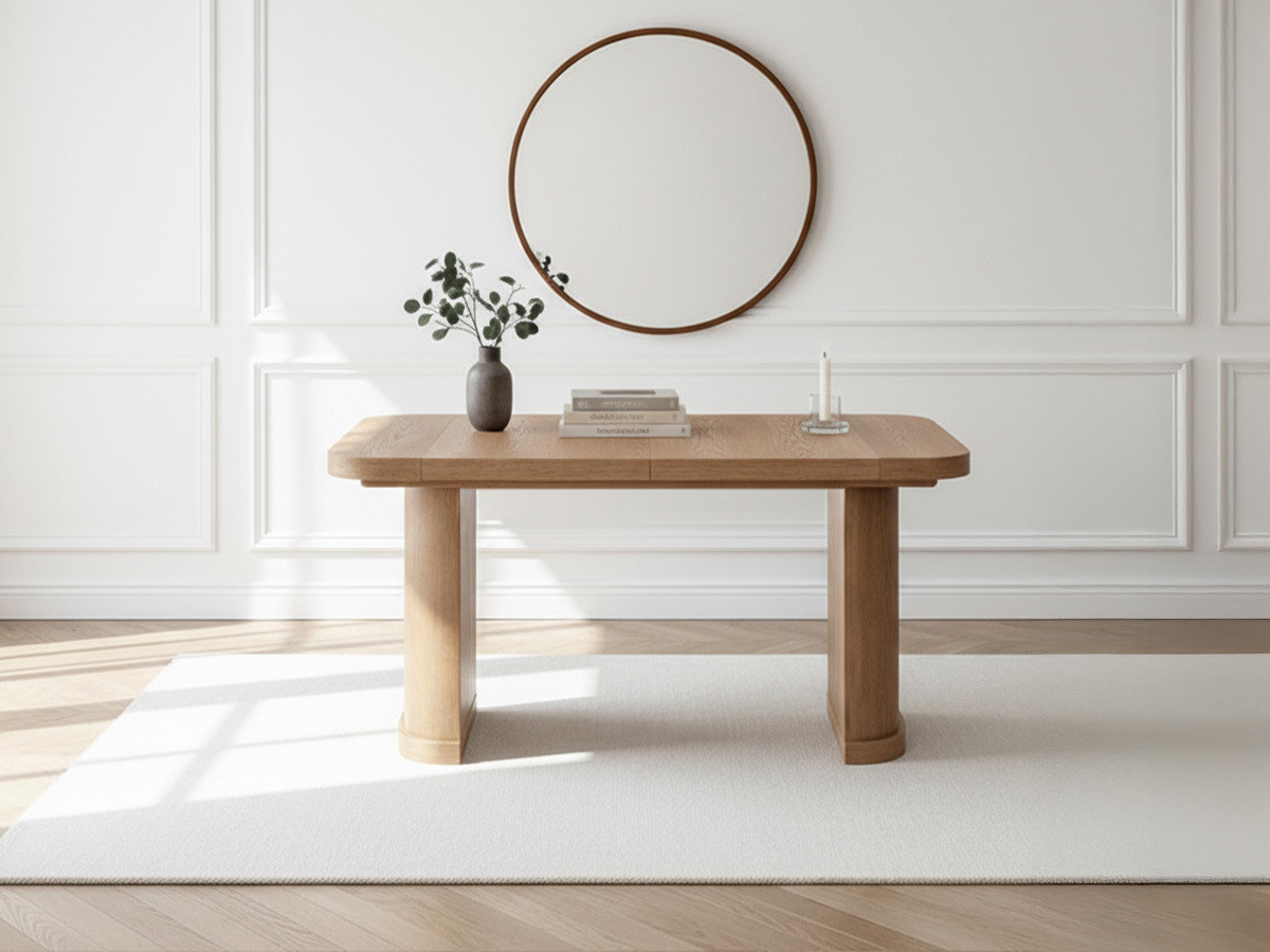 Ensemble avec console extensible 43 à 187 cm CASSIS + 4 chaises BORELY placage chêne massif et bouclette marron clair — vue 6