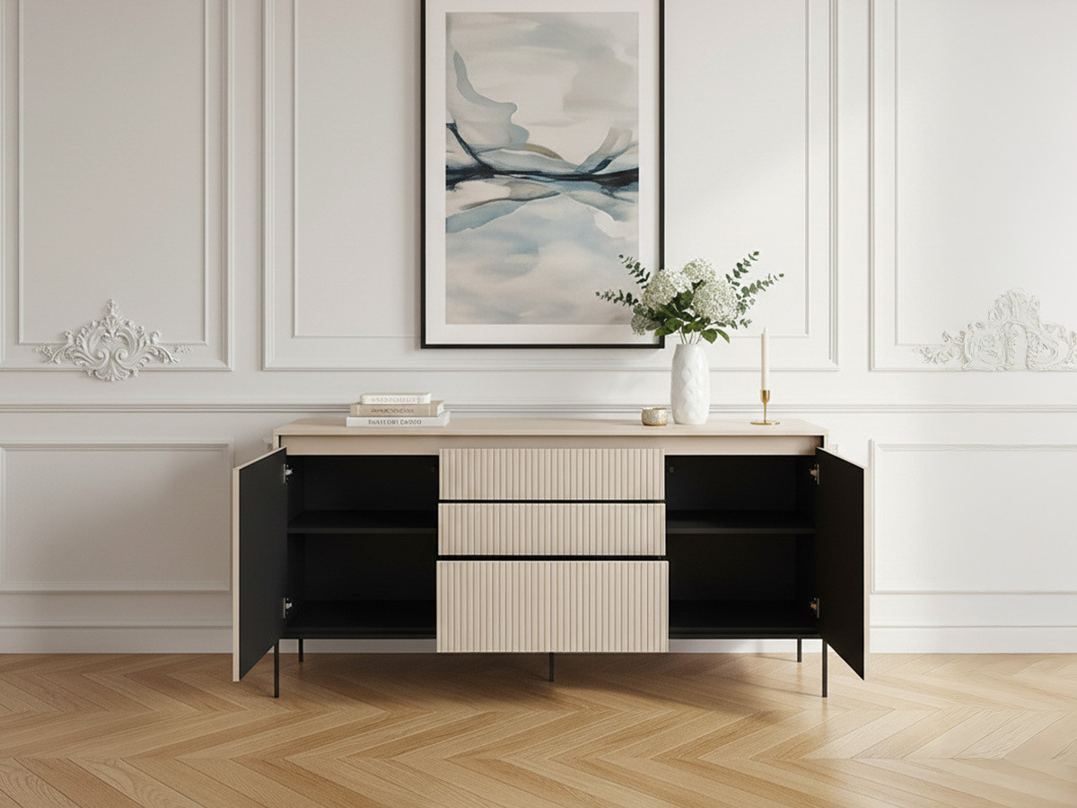 Buffet 2 portes 166 cm LENARA avec tasseaux et LED beige — vue 4