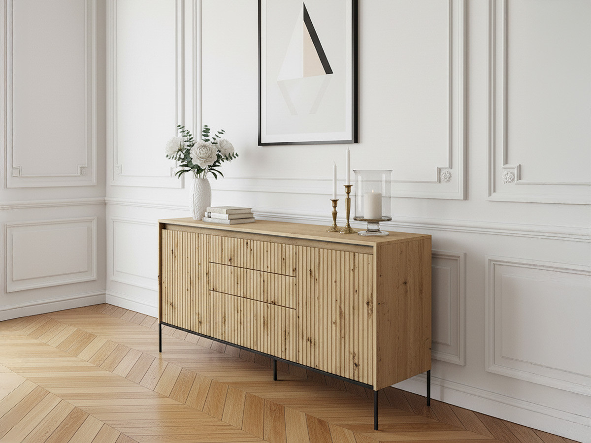 Buffet 2 portes 166 cm LENARA avec tasseaux et LED marron clair — vue 5