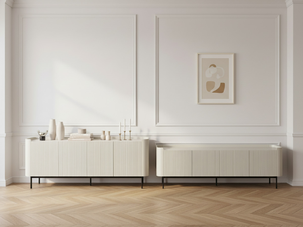 Ensemble JAY avec buffet 200 cm + meuble TV 180 cm effet tasseaux beige