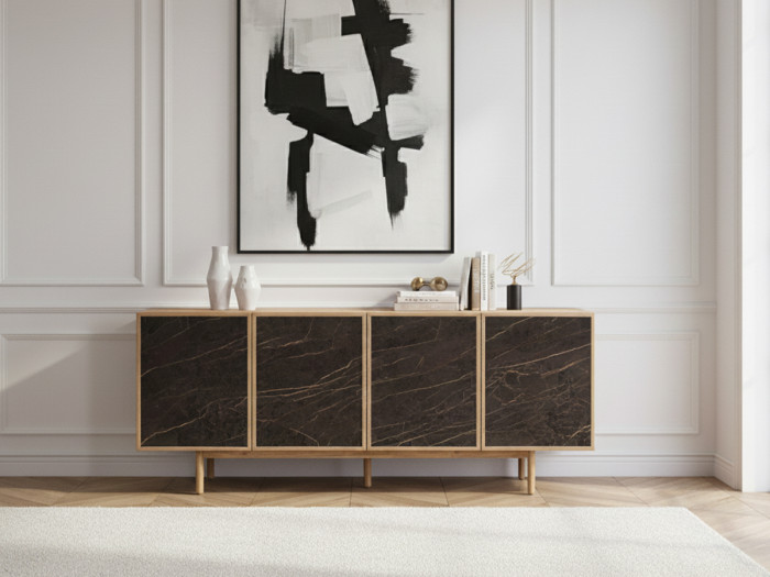Buffet 4 portes 200 cm BARI placage chêne massif et céramique noire