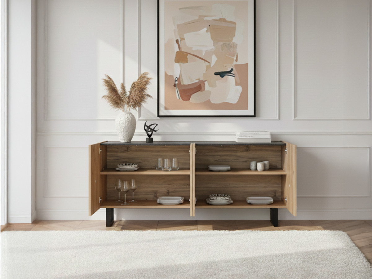 Buffet 4 portes 180 cm OPERA effet chêne et imitation marbre noir
