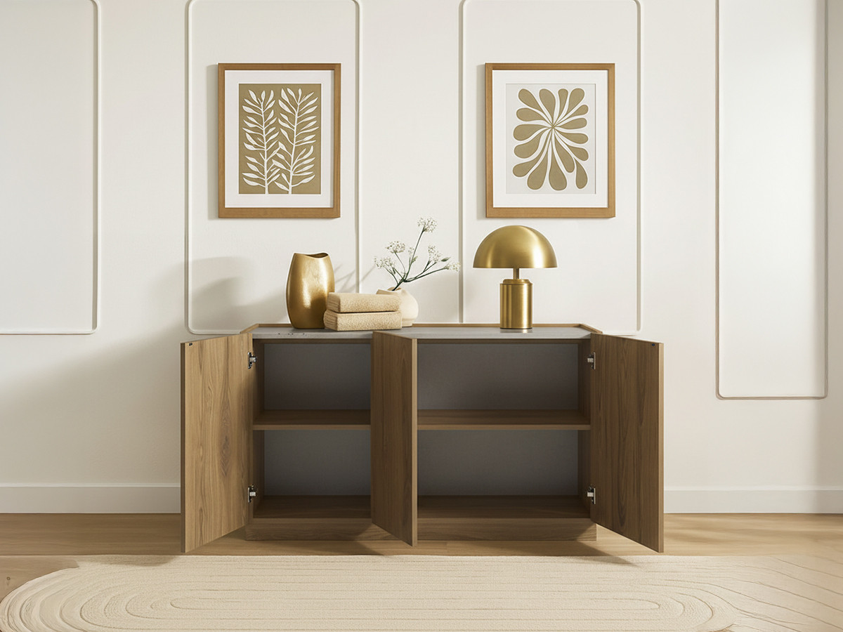 Buffet 3 portes 140 cm MARION effet chêne et travertin — vue 4