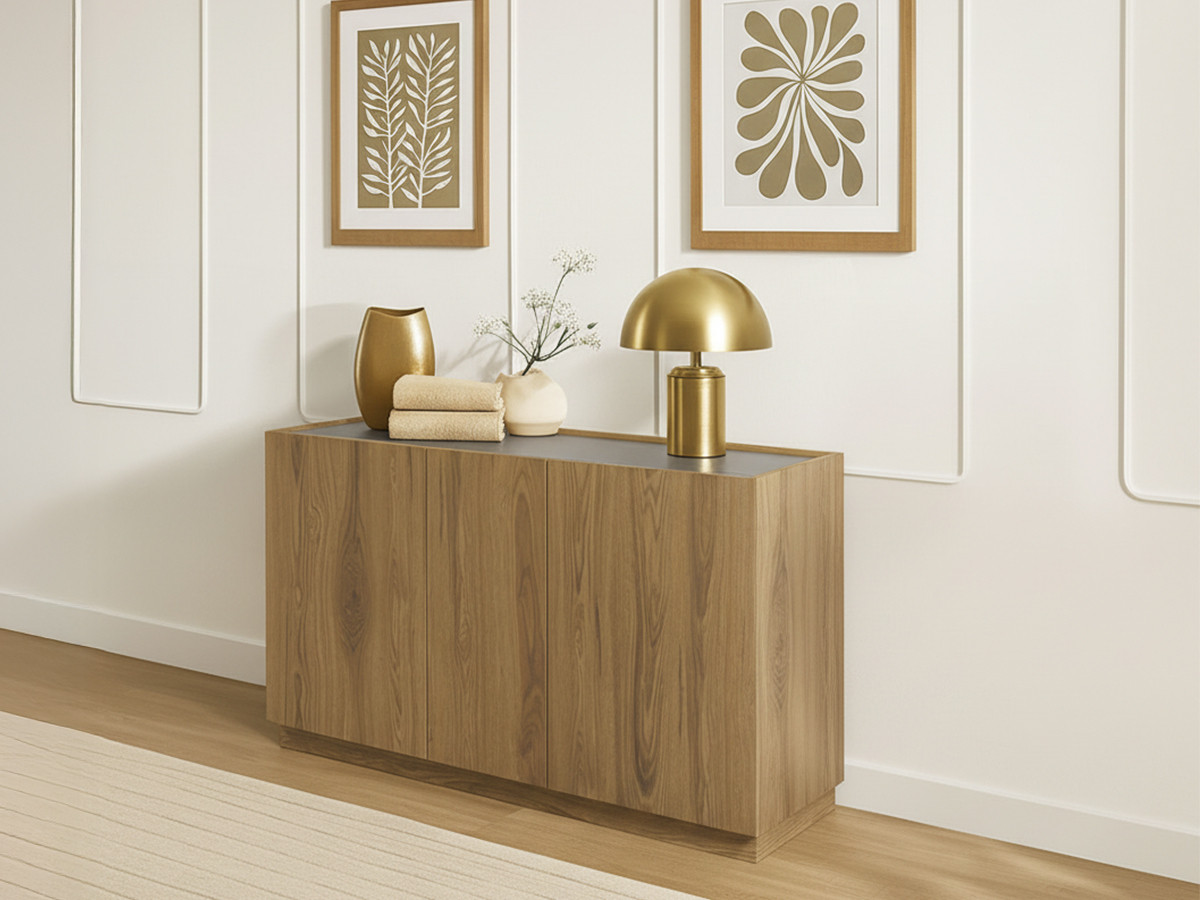 Buffet 3 portes 140 cm MARION effet chêne et travertin — vue 5