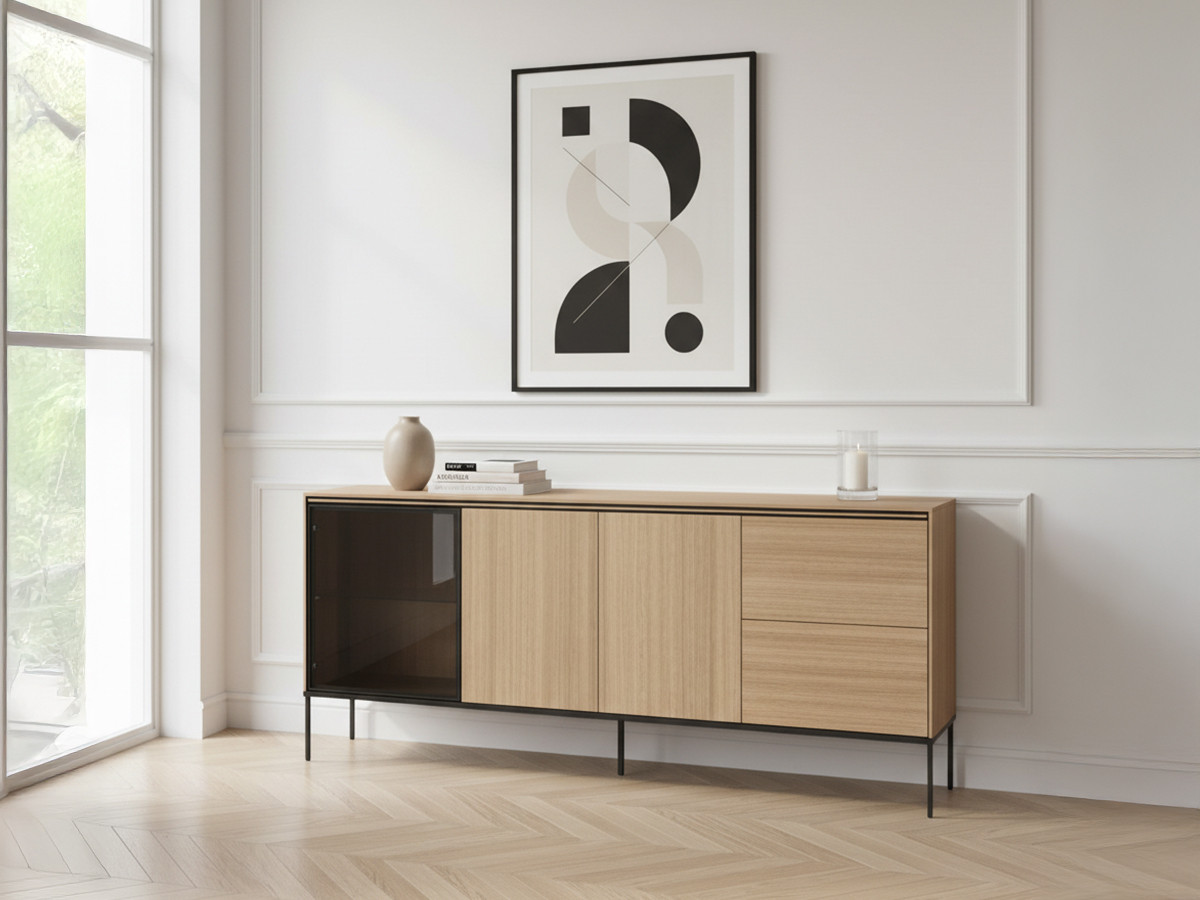 Buffet 3 portes 2 tiroirs 200 cm VERONA effet chêne et verre fumé avec LEDS