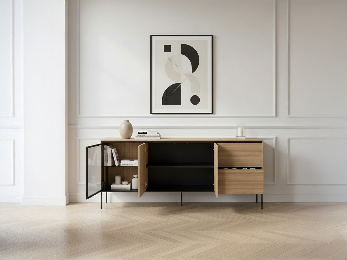 Buffet 3 portes 2 tiroirs 200 cm VERONA effet chêne et verre fumé avec LEDS