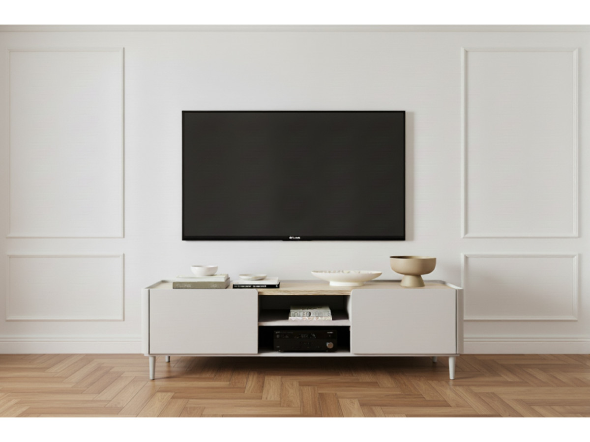 Meuble TV 1 porte 1 tiroir 170 cm ANYA pieds en bois massif